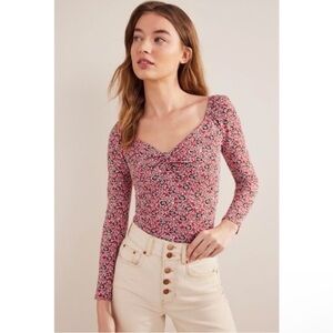BODEN Sweetheart Jersey Top Red Floral Long Sleeve Fitted Romantic Sz 8